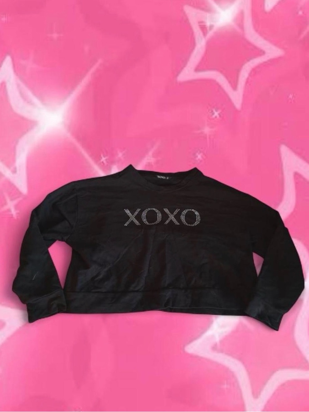 XOXO Black Rhinestone Logo Cropped Crewneck Sweater